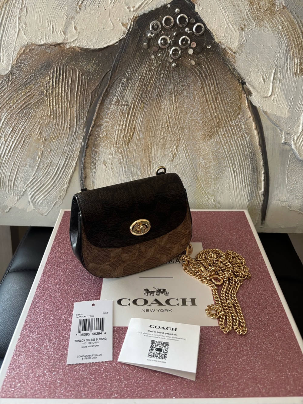 Coach Walnut/Tan Signature Turnlock Crossbody with Gold Chain MINI